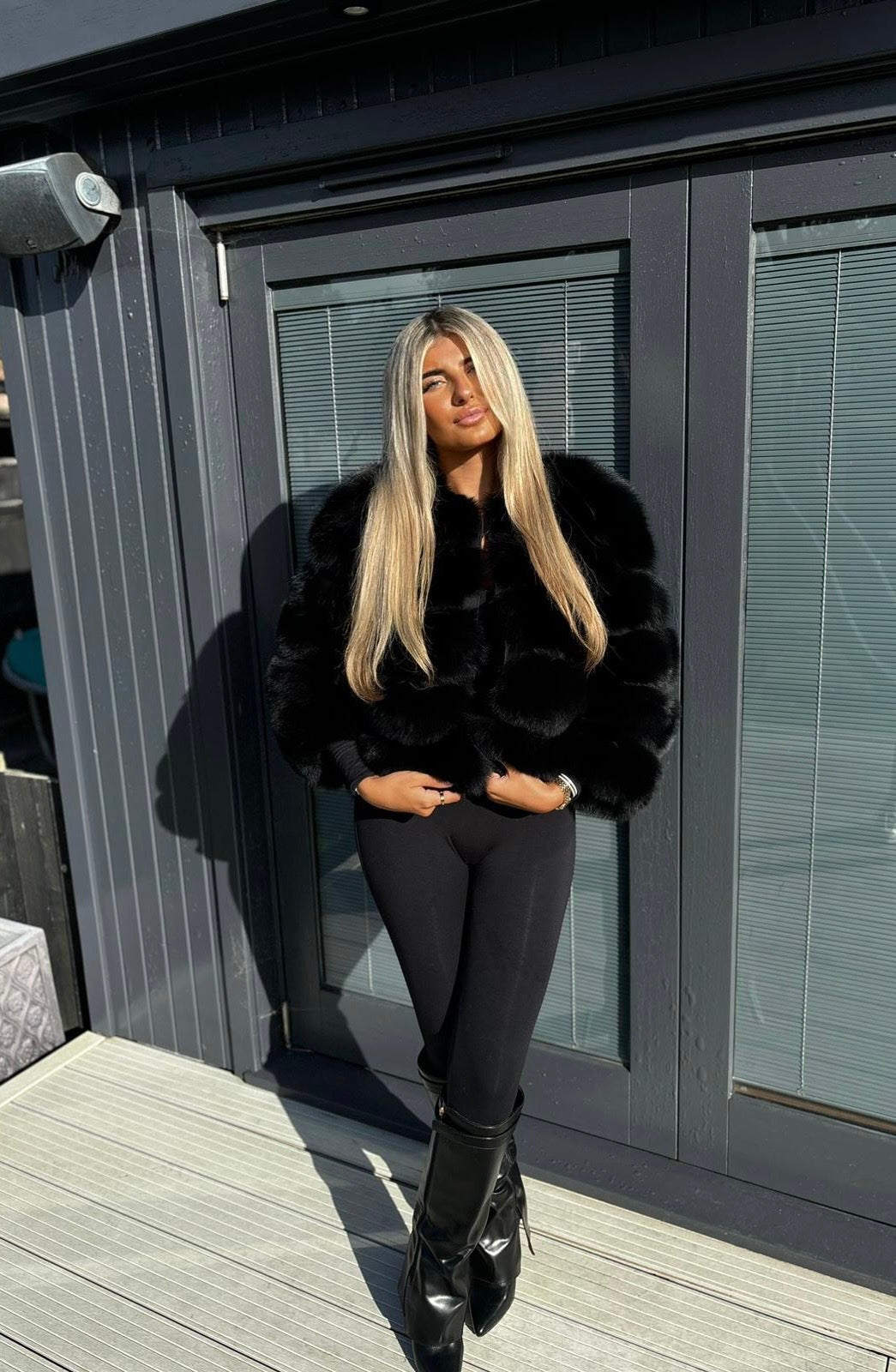 Premium Black cropped fox fur coat