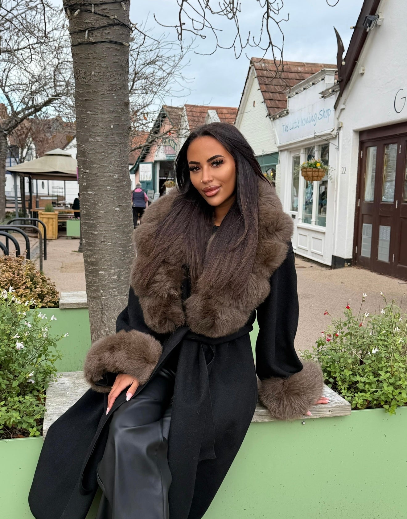 Black & brown fox fur cashmere coat in stock