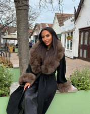 Black & brown fox fur cashmere coat in stock