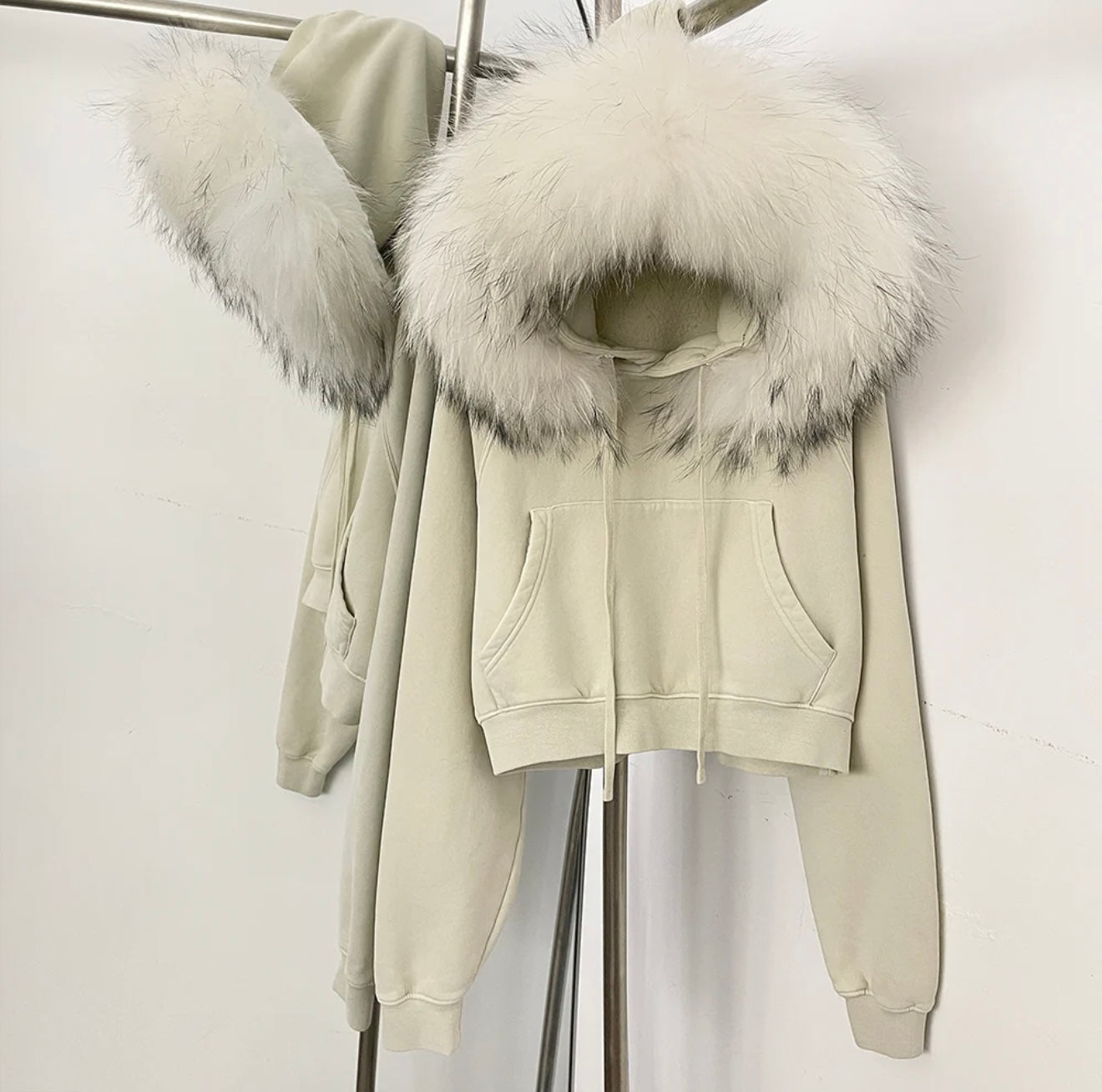 Winter ivory Racoon fur trimmed hoodie