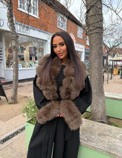 Black & brown fox fur cashmere coat in stock
