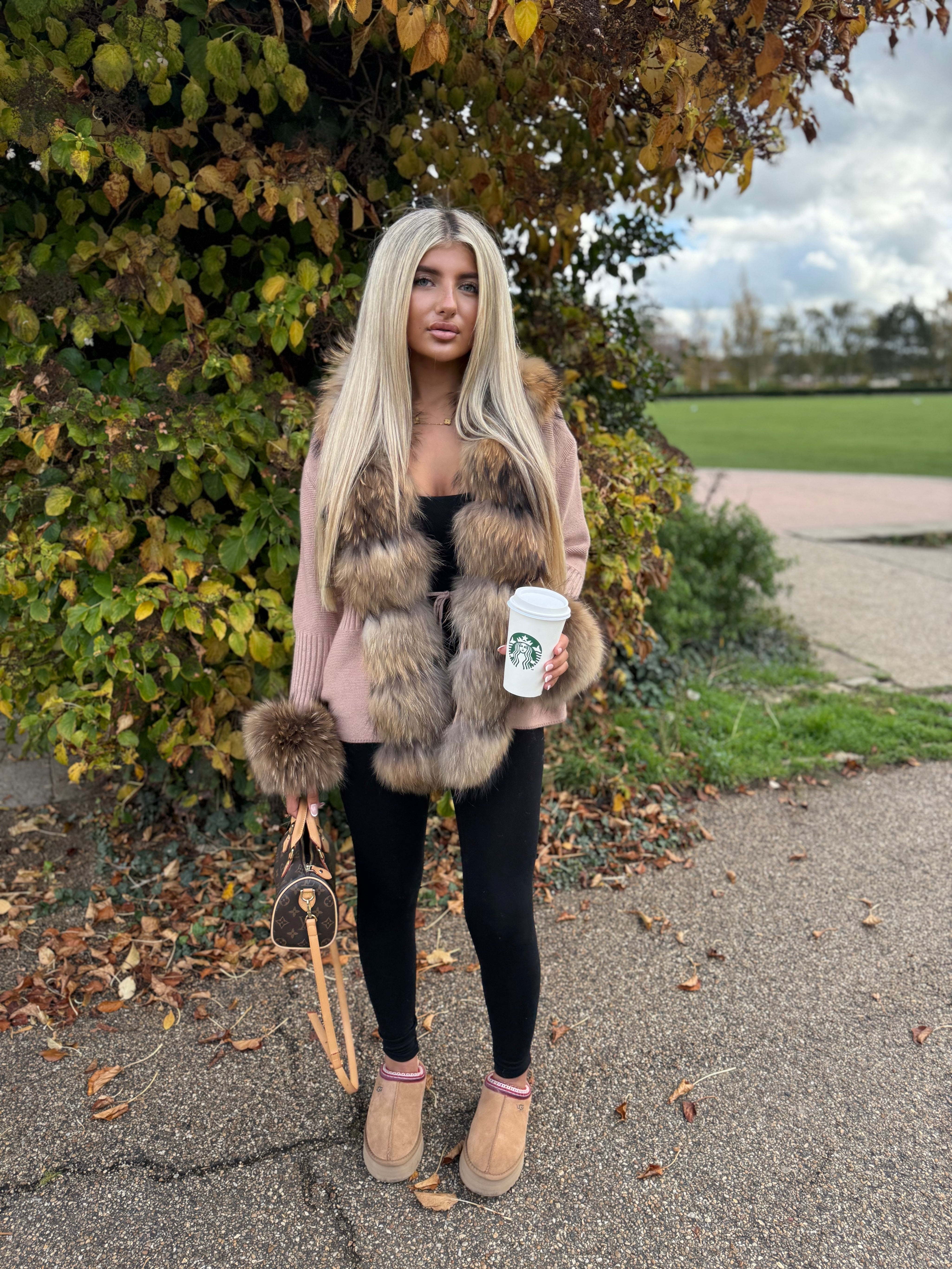 Racoon beige fox fur knitted cardigan