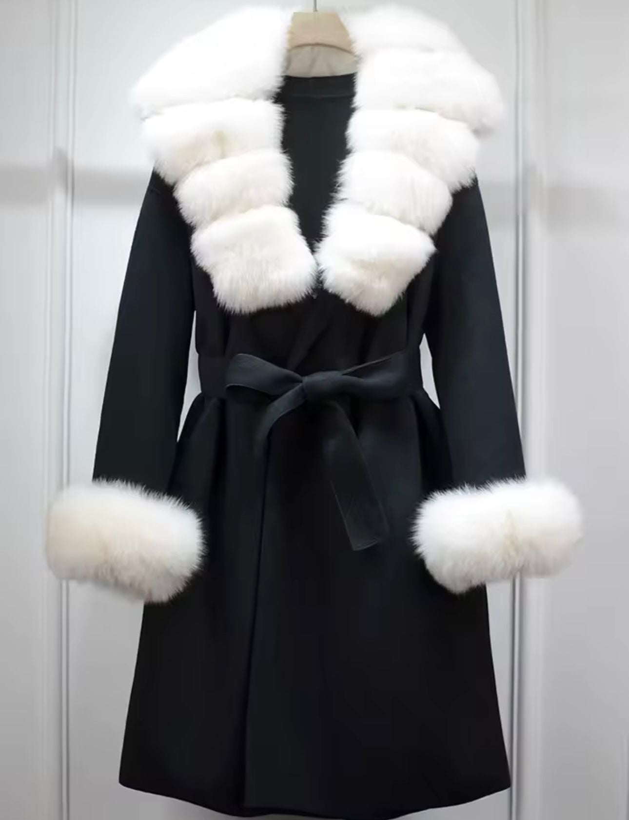 Black & white fox fur cashmere coat