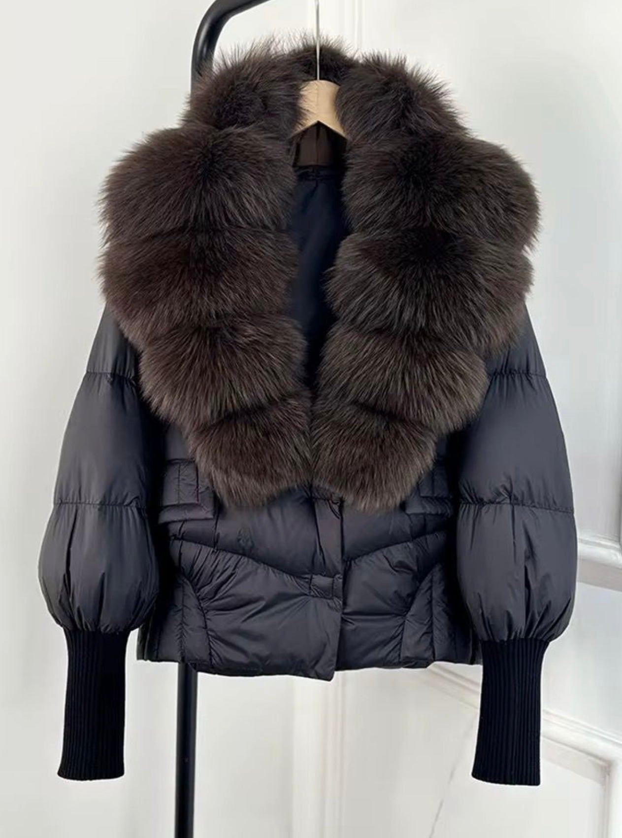 Black & chocolate brown fox fur puffer coat
