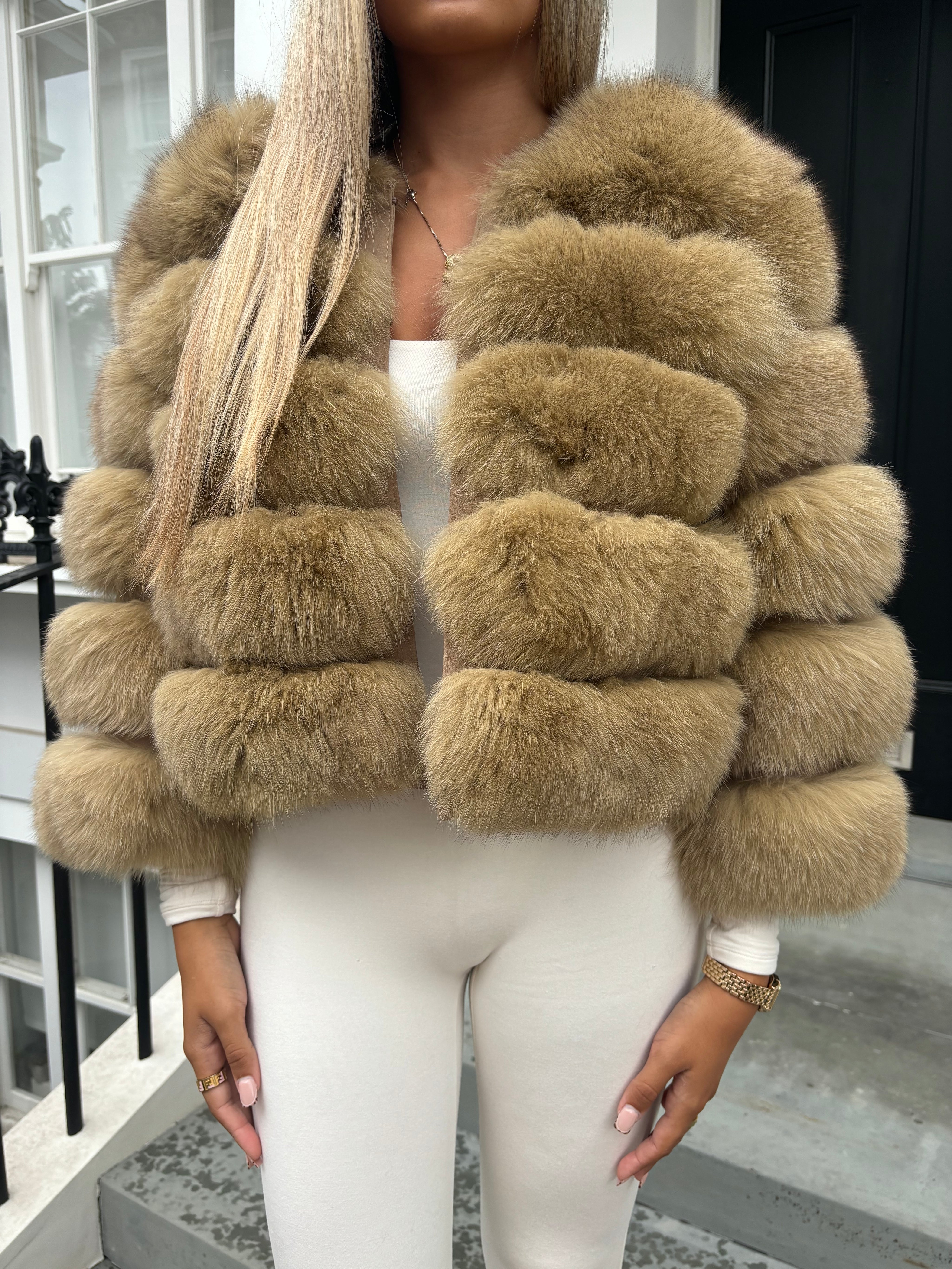 Premium Camel brown fox fur coat