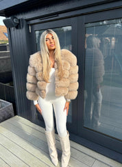 Latte beige cropped fox fur coat