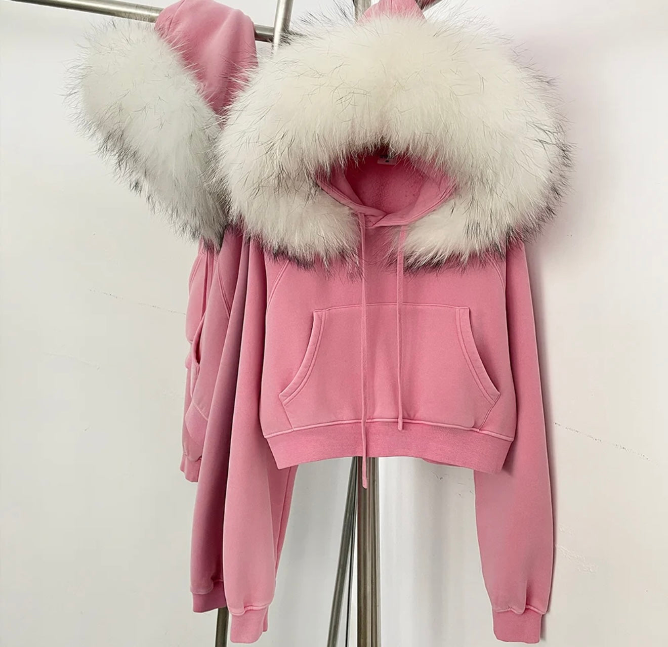 Blush Pink & Ivory White Racoon Fur Trimmed Hoodie