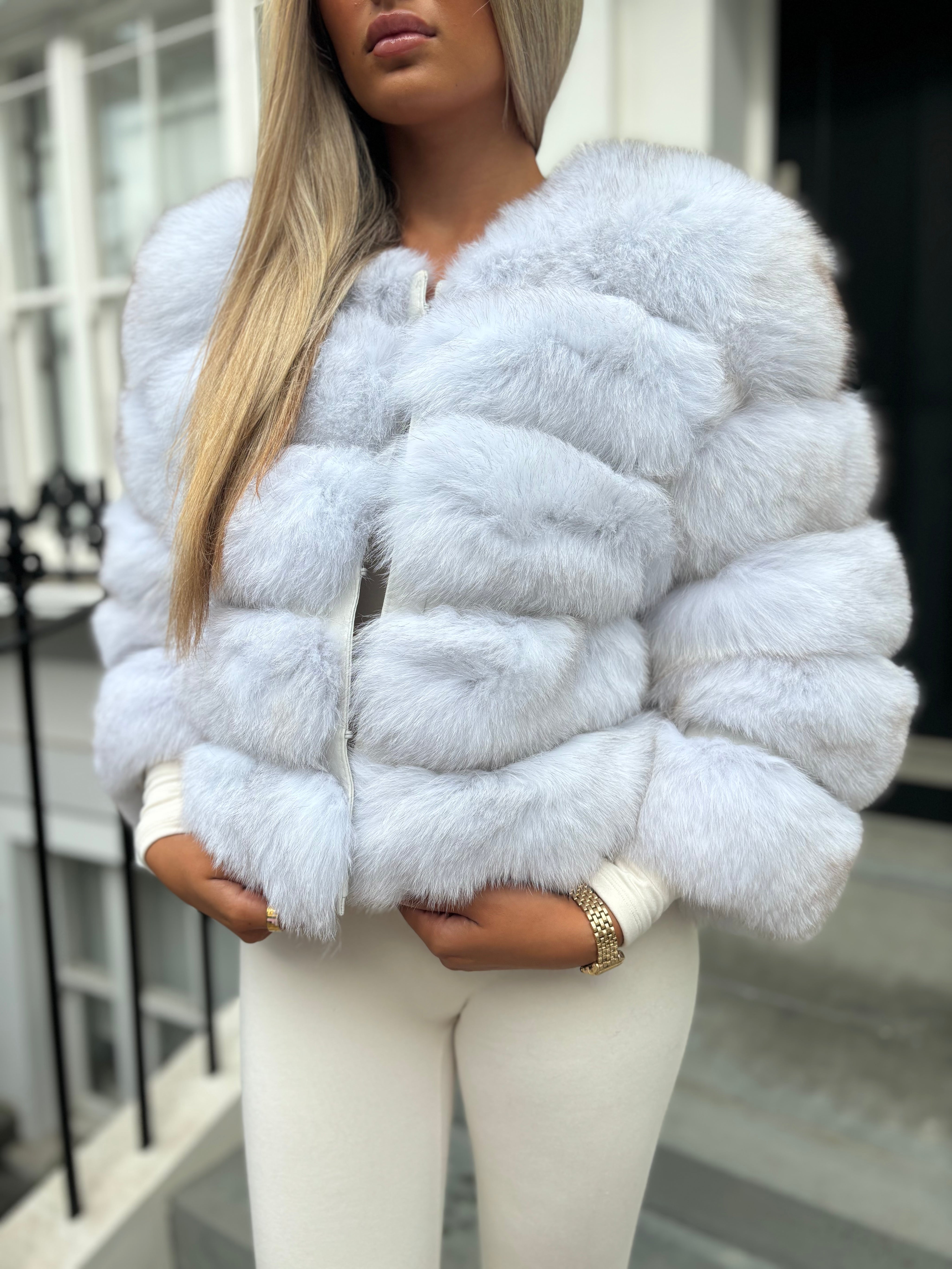 Premium Frost white fox fur coat