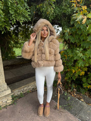 Premium mocha fox fur hooded coat in stock