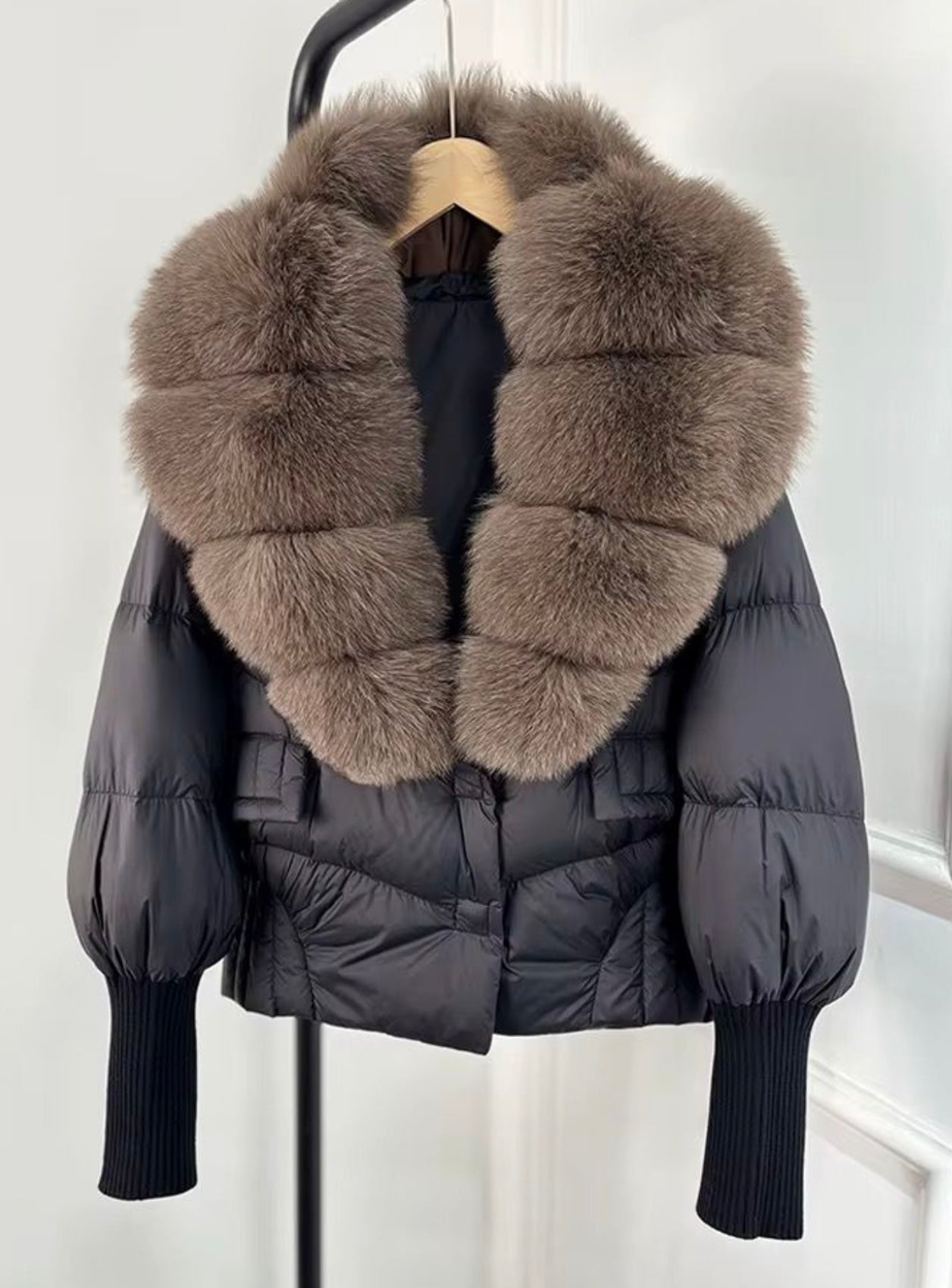 Black & brown fox fur puffer coat