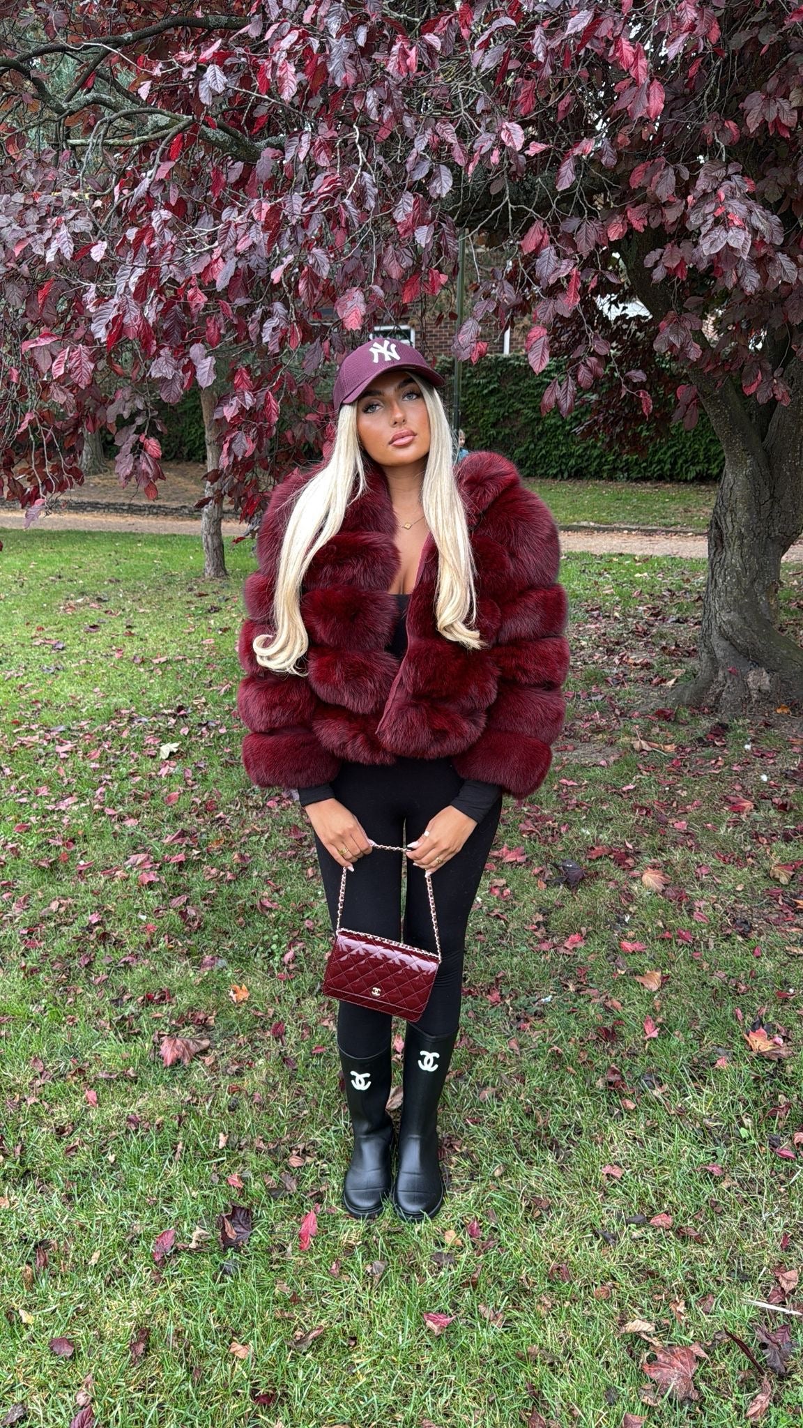 Premium Wine Red Hooded Fox Fur Coat