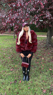 Premium Wine Red Hooded Fox Fur Coat